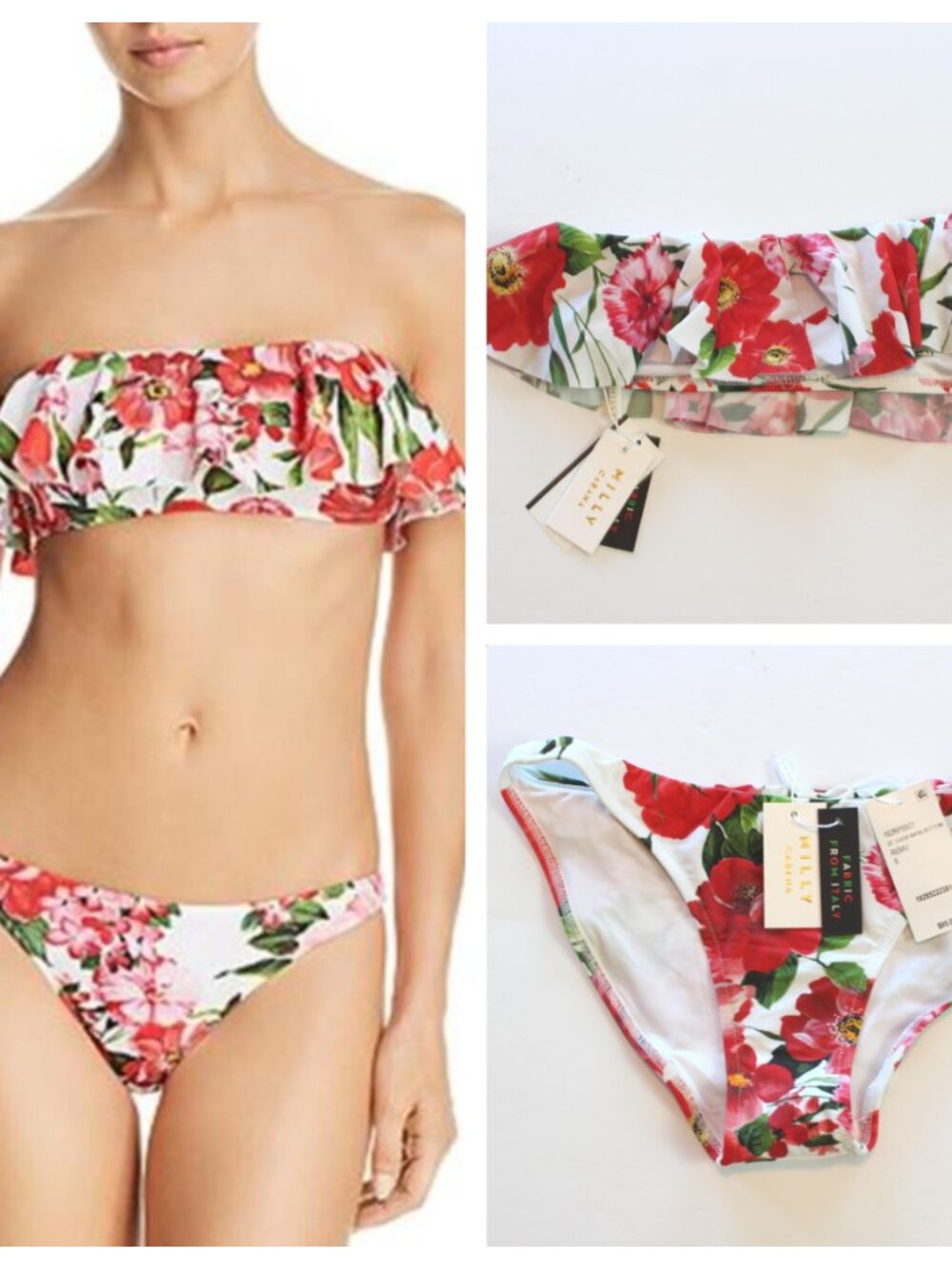Milly Cabana Roses 2 PC Bikini Swimsuit Ruffle Bandeau White Red Small Large NWT